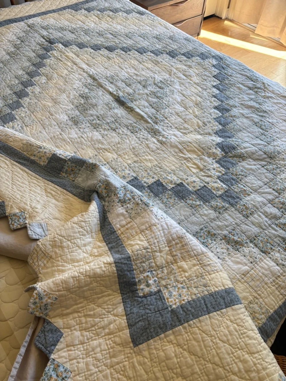 Classic Quilted Bedspread in Cream and Light Blue Handmade Vintage